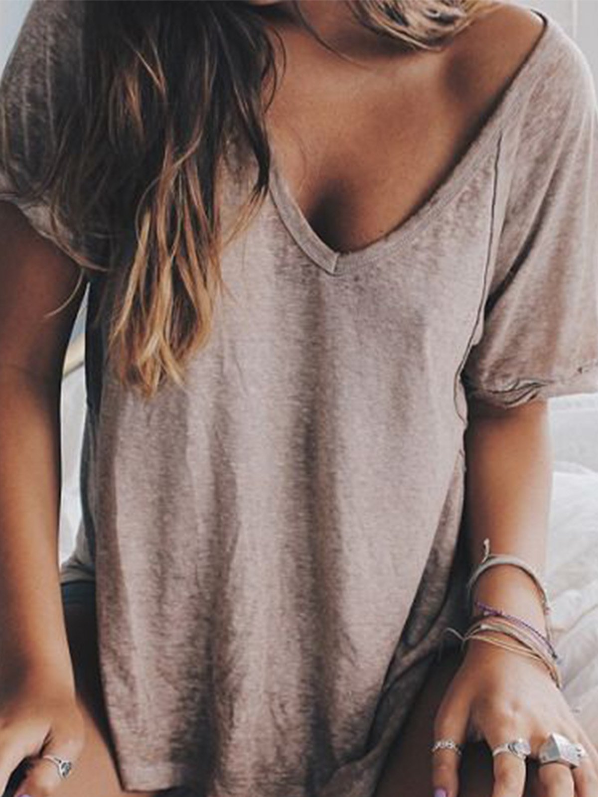 Woman Summer V neck Loose T Shirt Tops