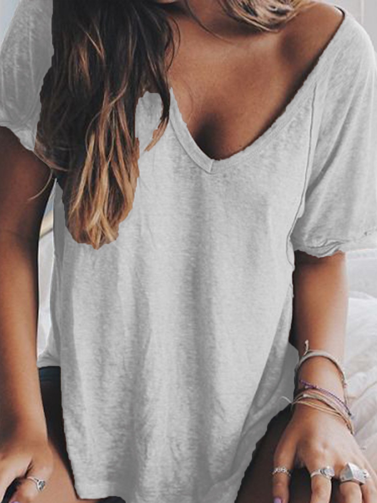 Woman Summer V neck Loose T Shirt Tops