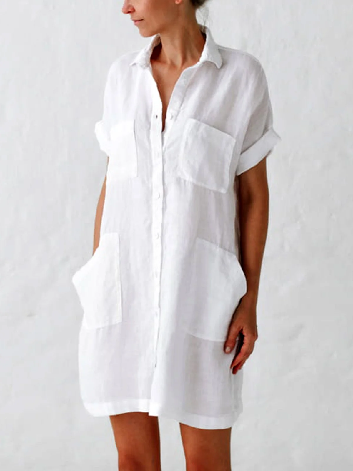 Plus Size Women Solid V Neck Cotton Short Sleeveless Loose Casual Shirt Dress