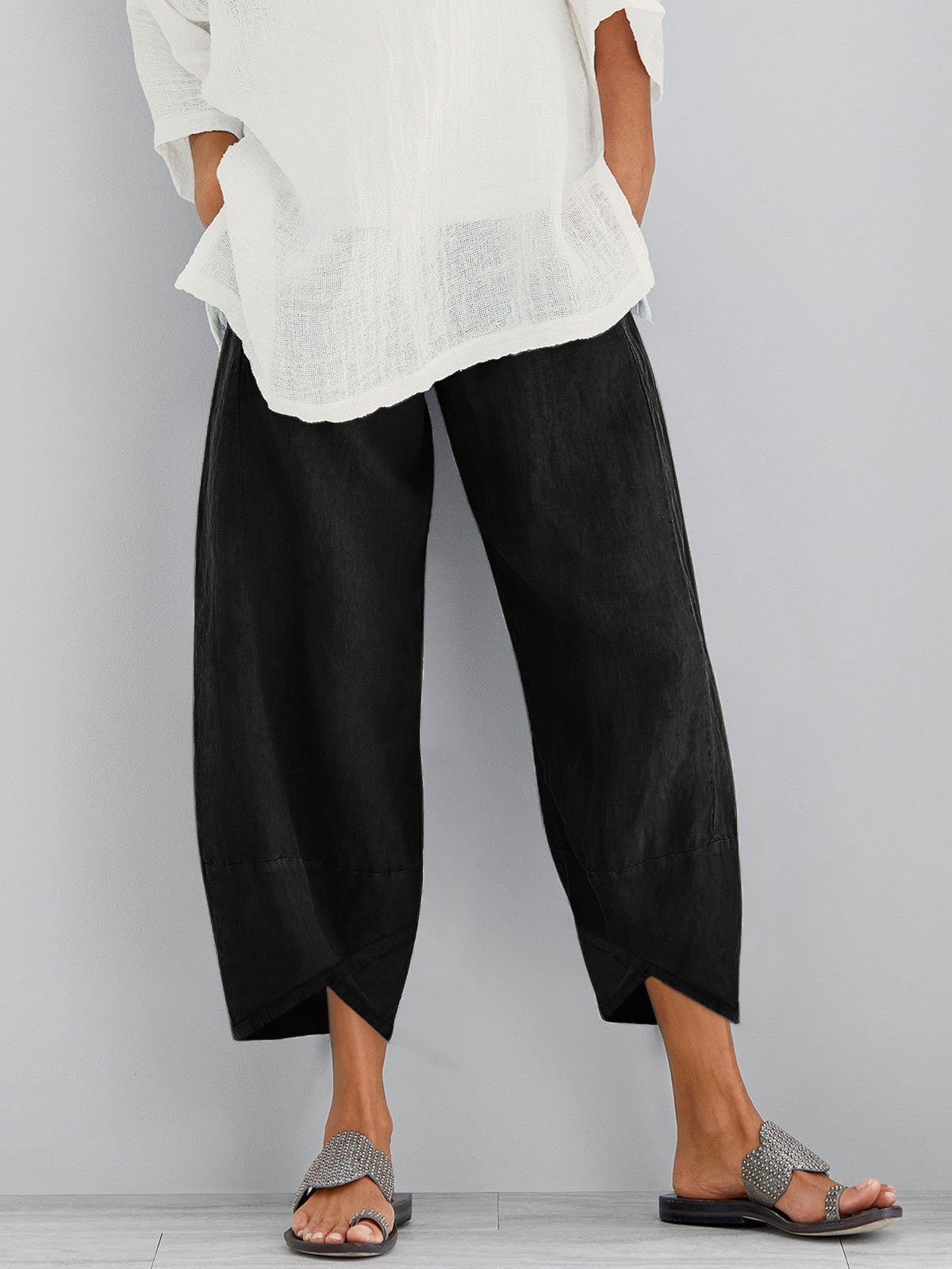 Casual Baggy Plain Linen & Cotton Cropped Pant