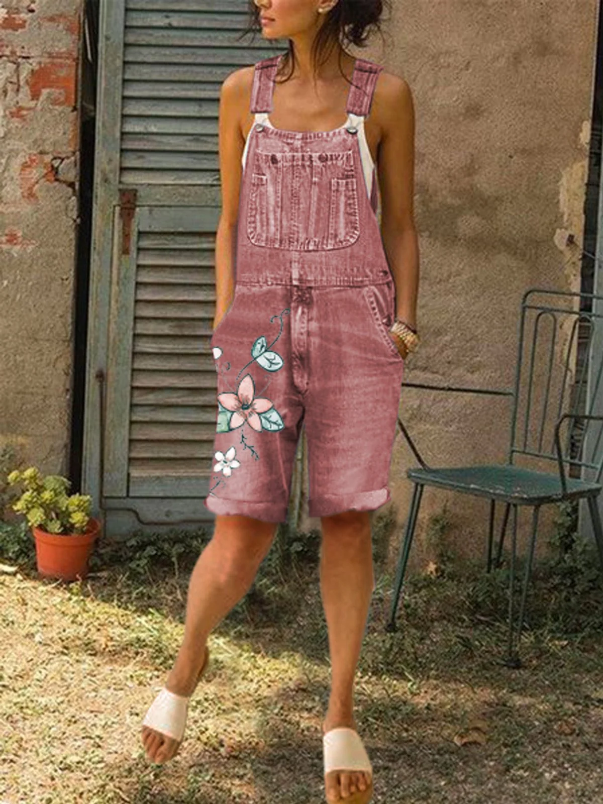 Women Floral Print Denim Short Jumpsuit Jeans Overalls