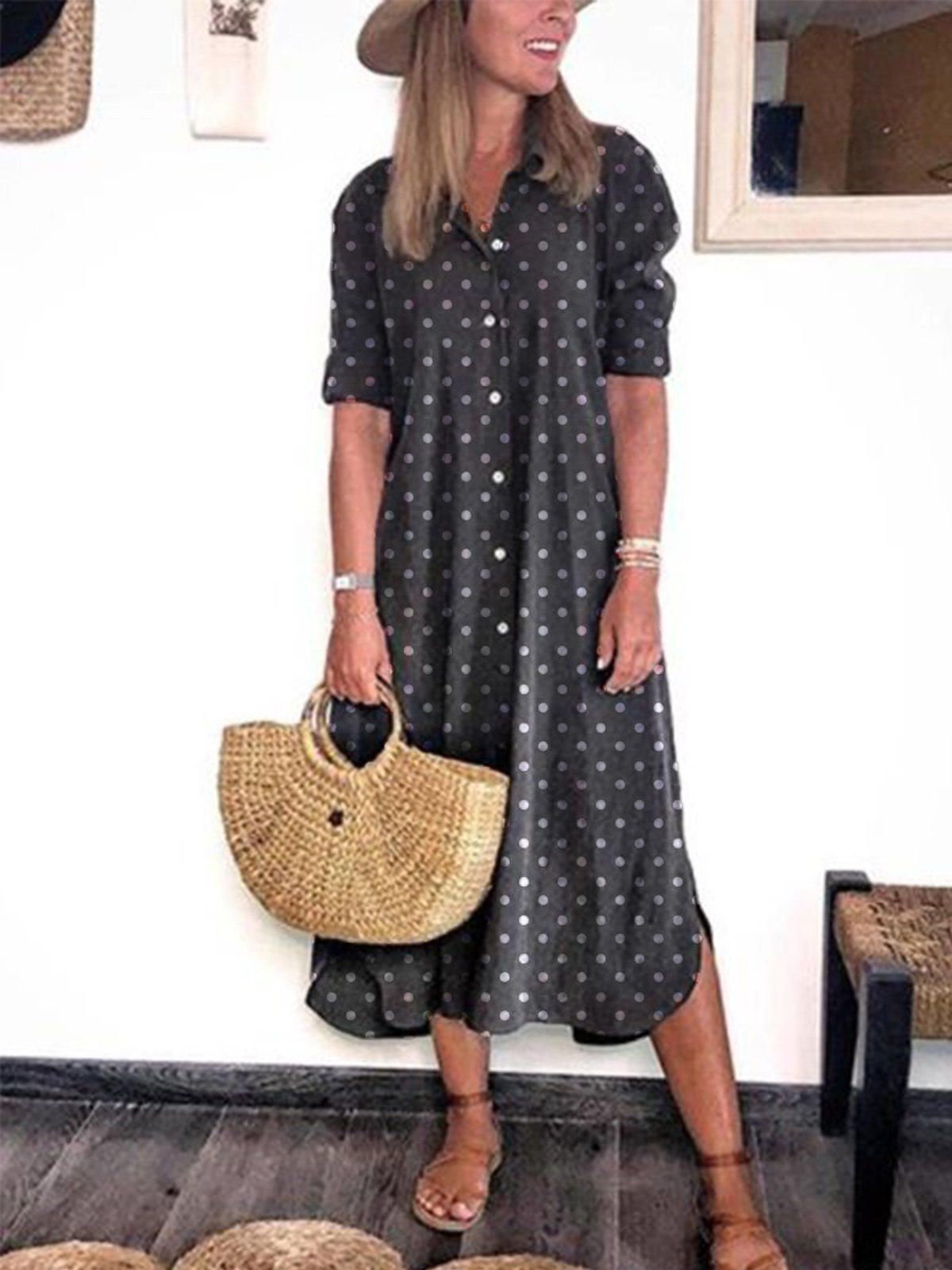 Casual Polka Dots Turn-Down Collar Buttoned Long Sleeve Dress
