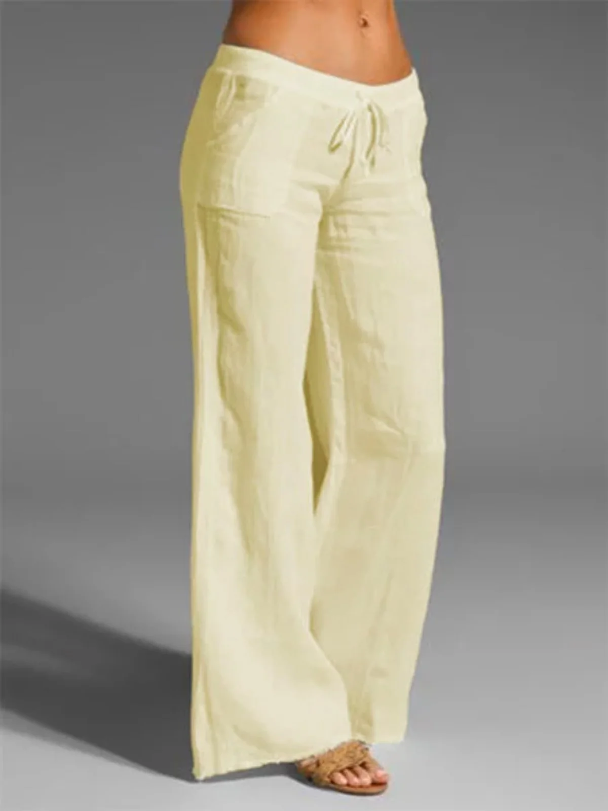 Women's Linen Casual Plain Baggy WIde Leg Long Pant