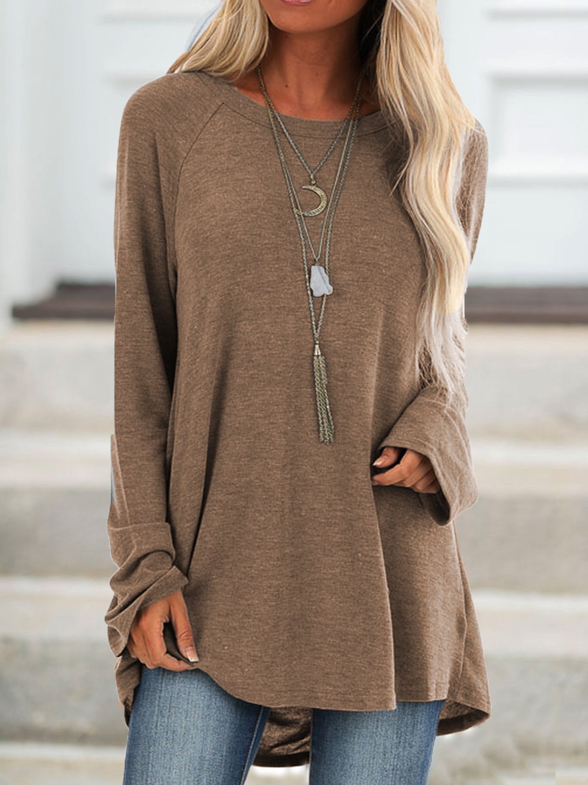 Solid Raglan Sleeve Crew Neck Casual Loose Tunic Top