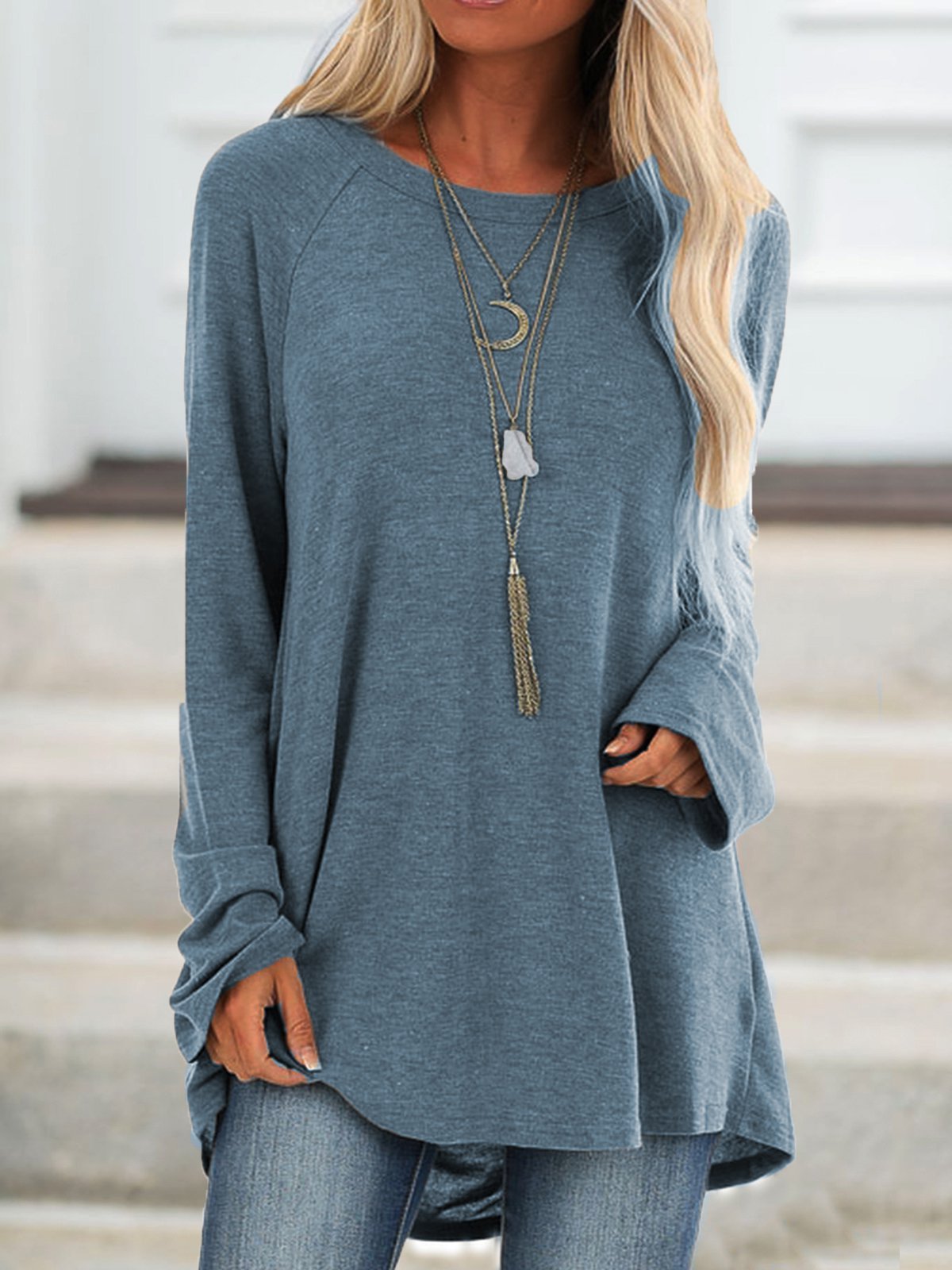 Solid Raglan Sleeve Crew Neck Casual Loose Tunic Top