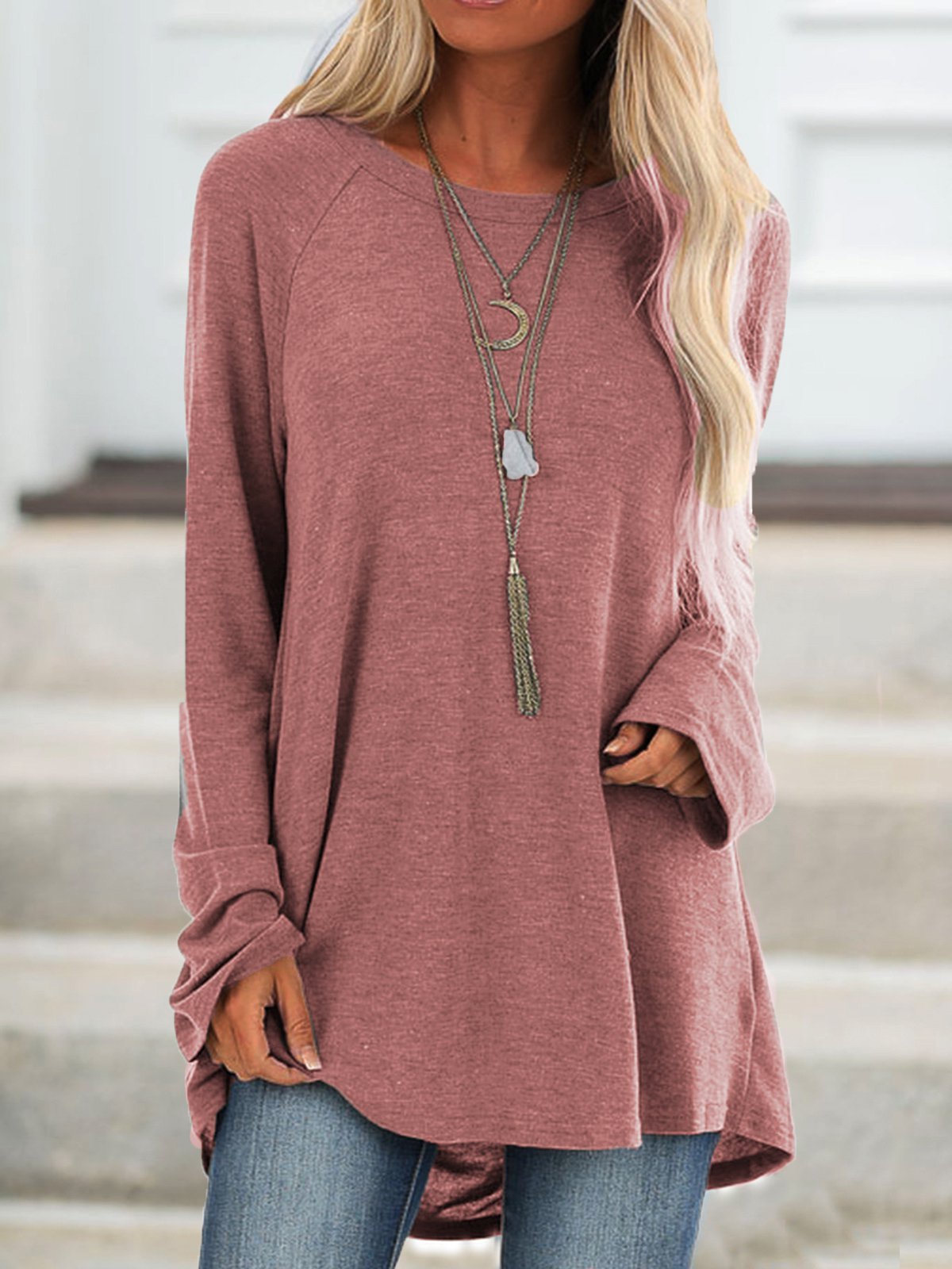 Solid Raglan Sleeve Crew Neck Casual Loose Tunic Top