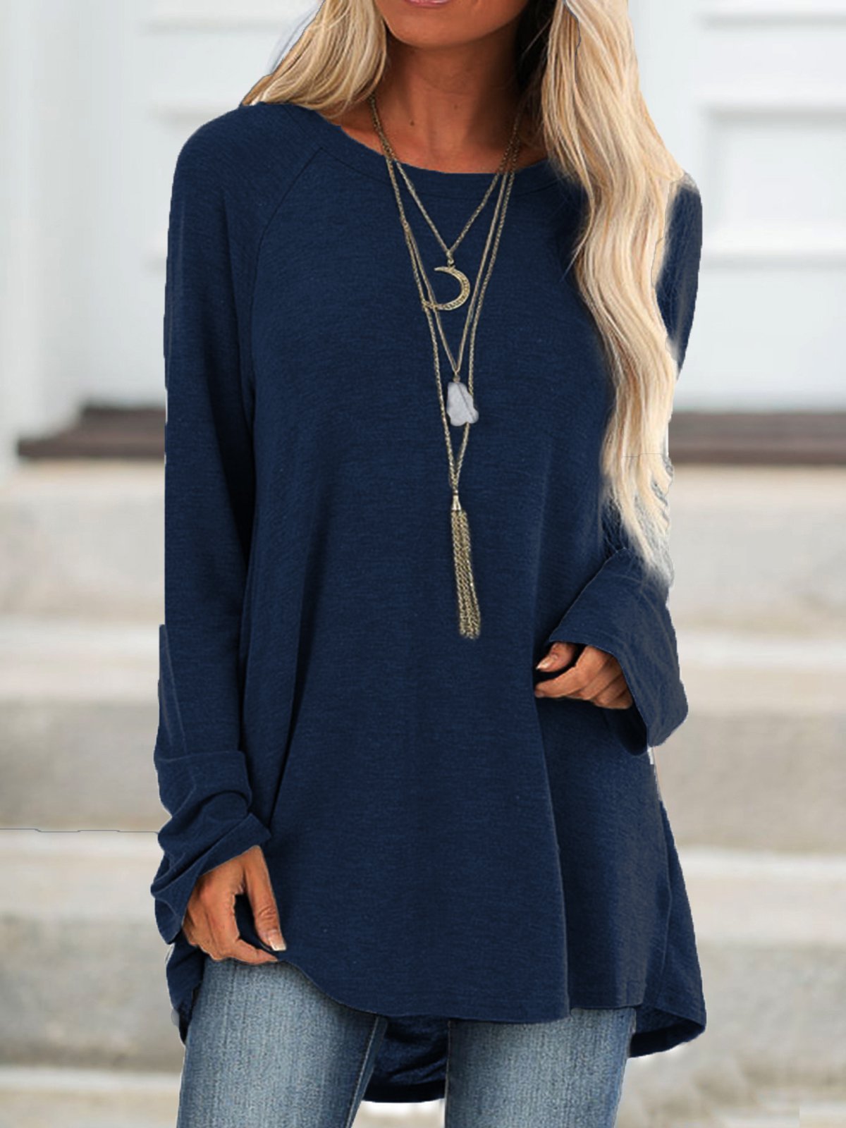 Solid Raglan Sleeve Crew Neck Casual Loose Tunic Top