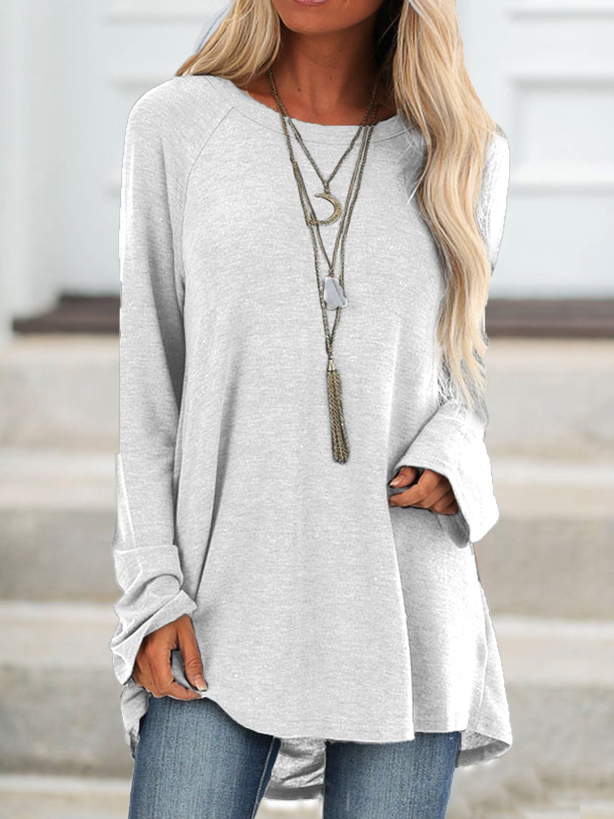 Solid Raglan Sleeve Crew Neck Casual Loose Tunic Top