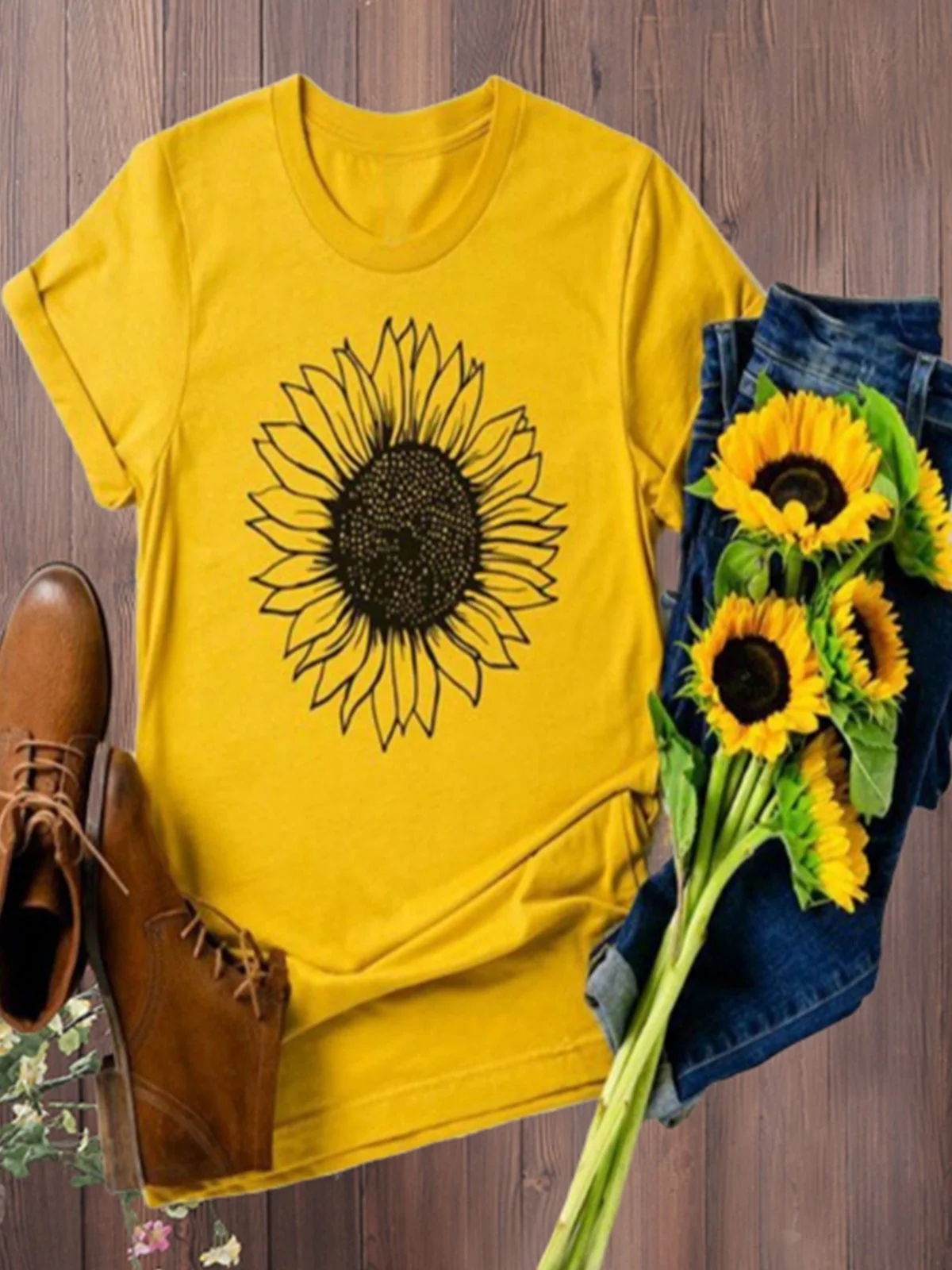 Vintage Short Sleeve Sunflower Printed Casual Top | noracora