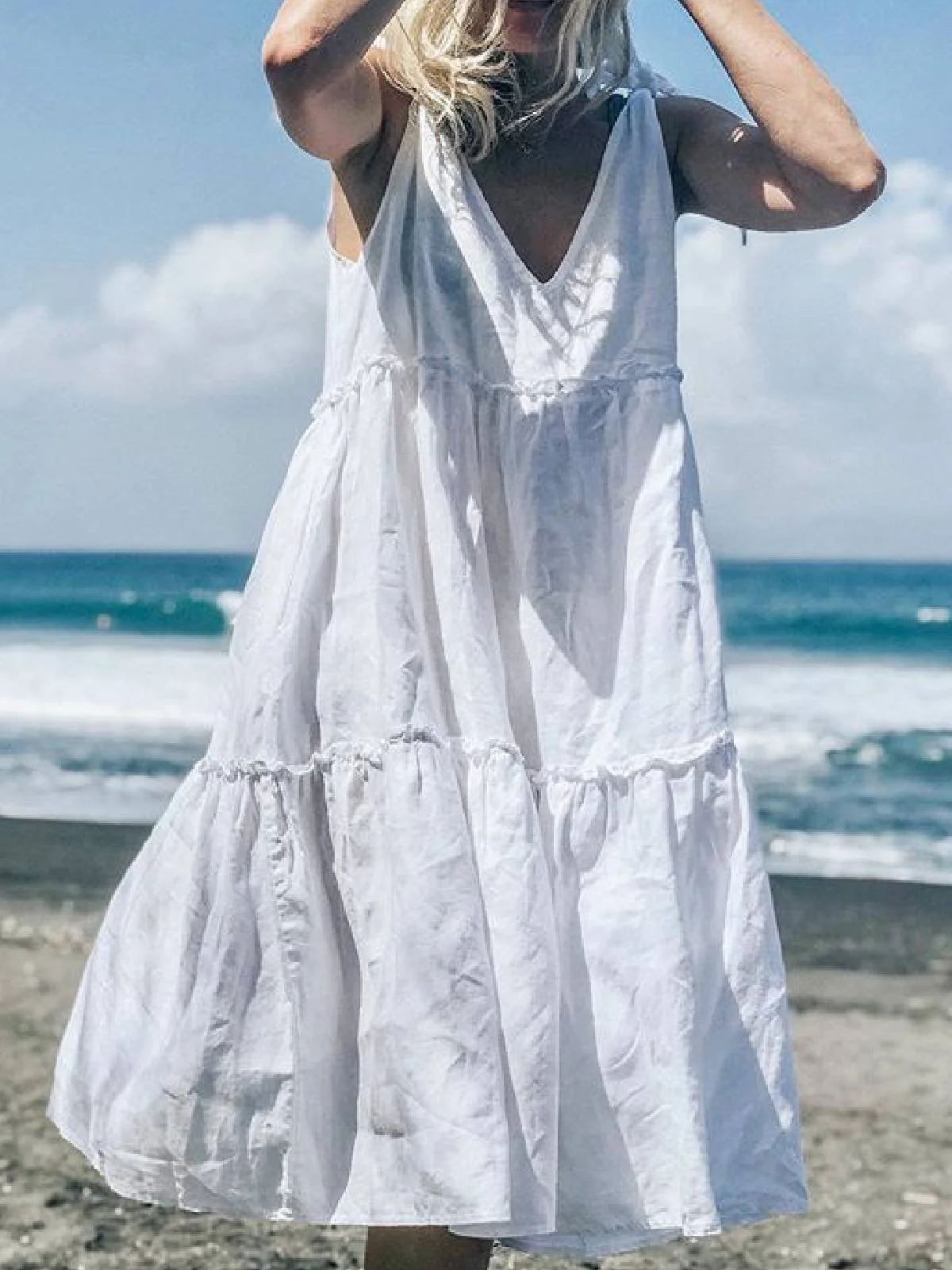 White Woman Casual Cotton V Neck Dress