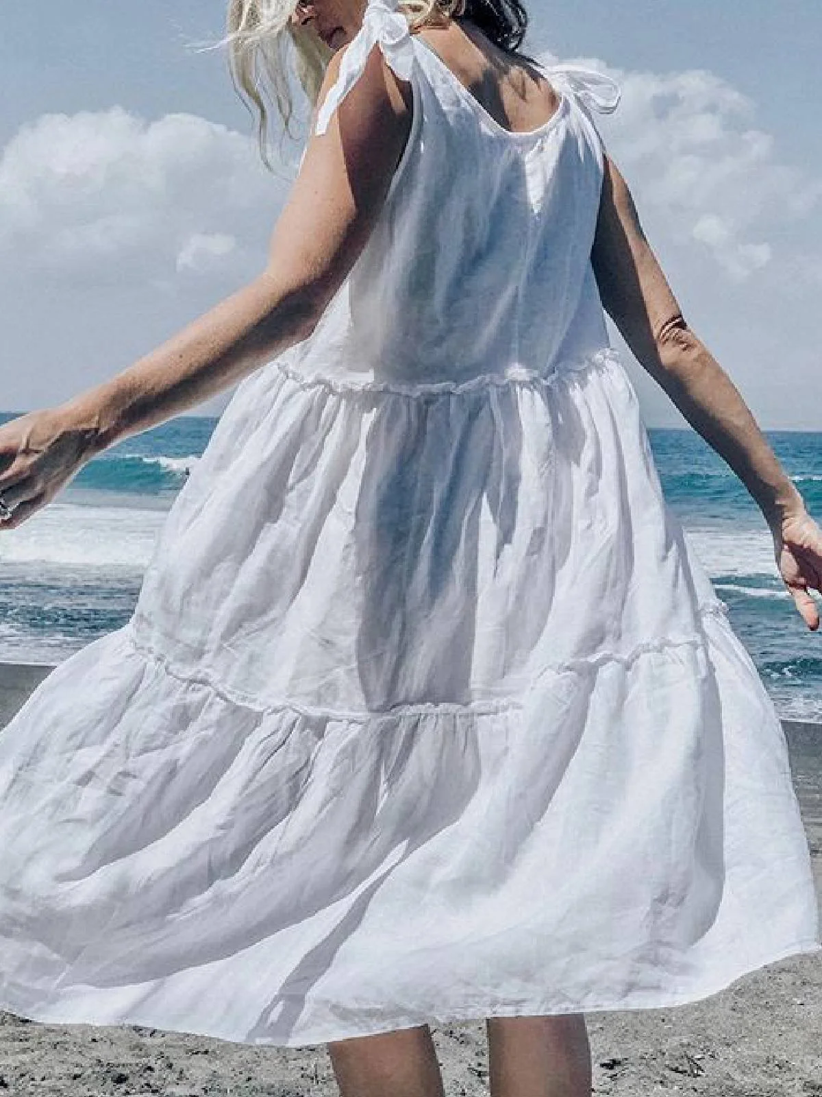 White Woman Casual Cotton V Neck Dress