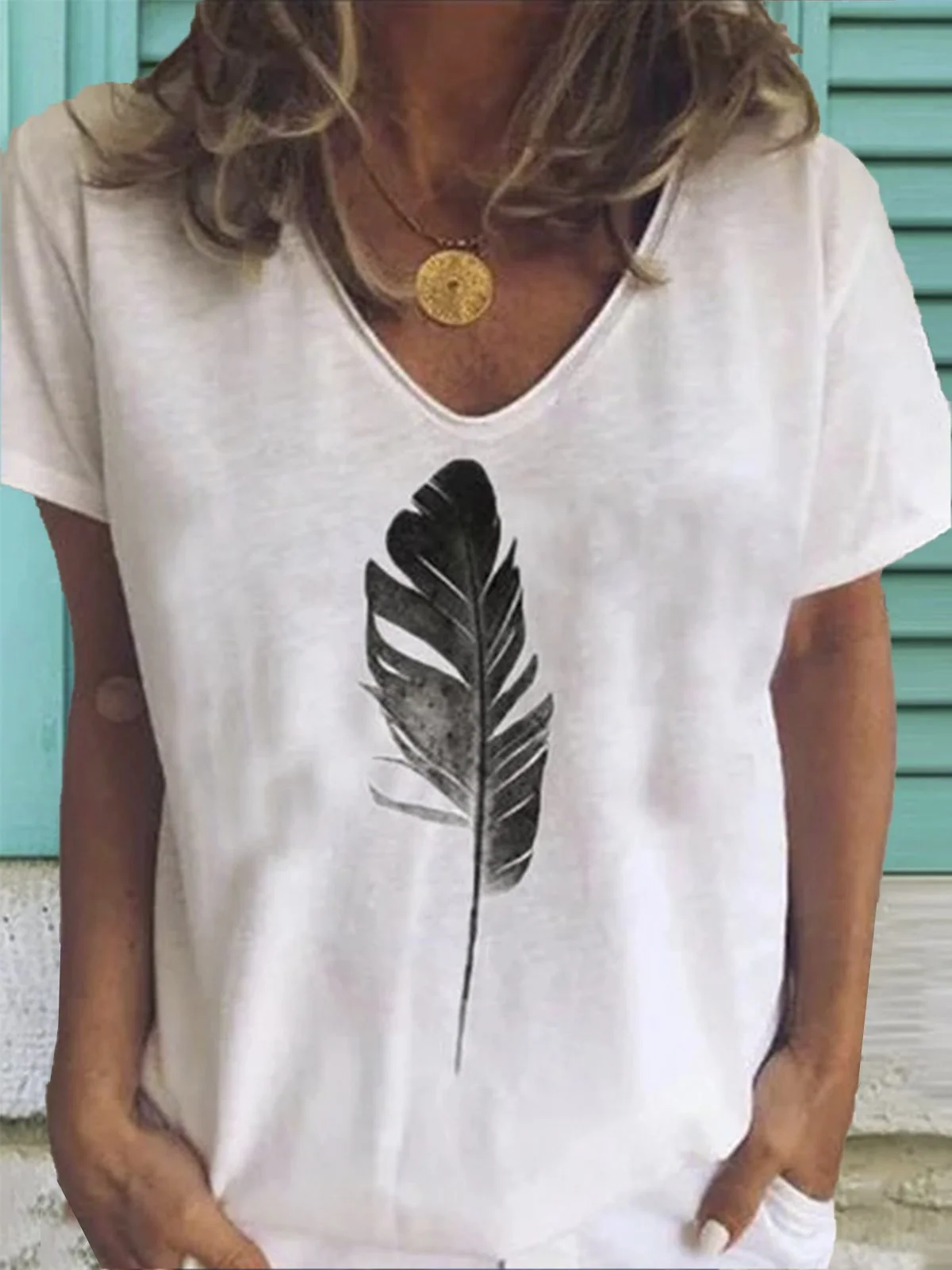 Women White V Neck Graphic Casual Cotton-Blend T-shirt
