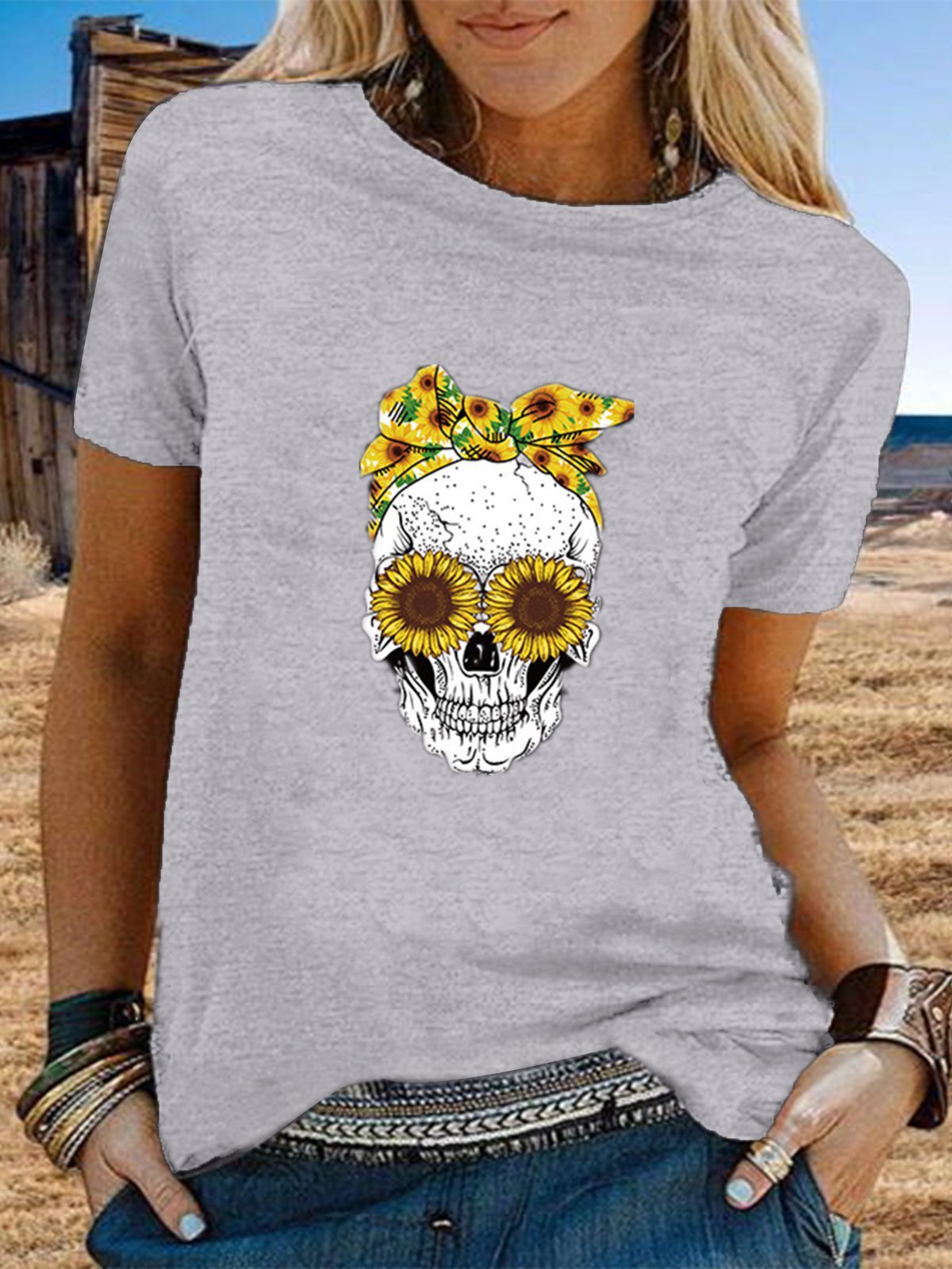 Vintage Short Sleeve Statement Skull Sunflowers Printed Plus Size Casual Tops