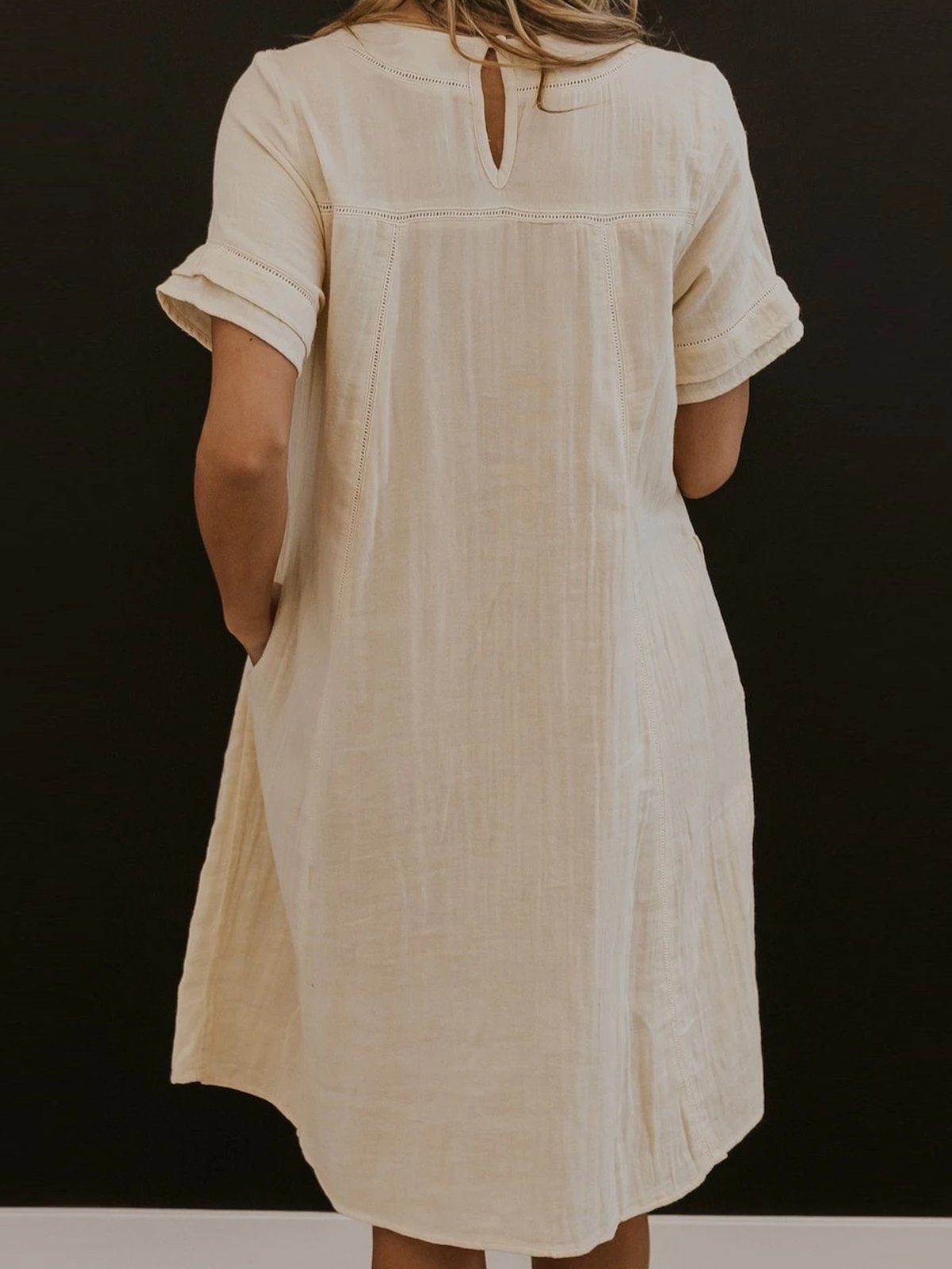 Beige Floral-Embroidered Short Sleeve Dress