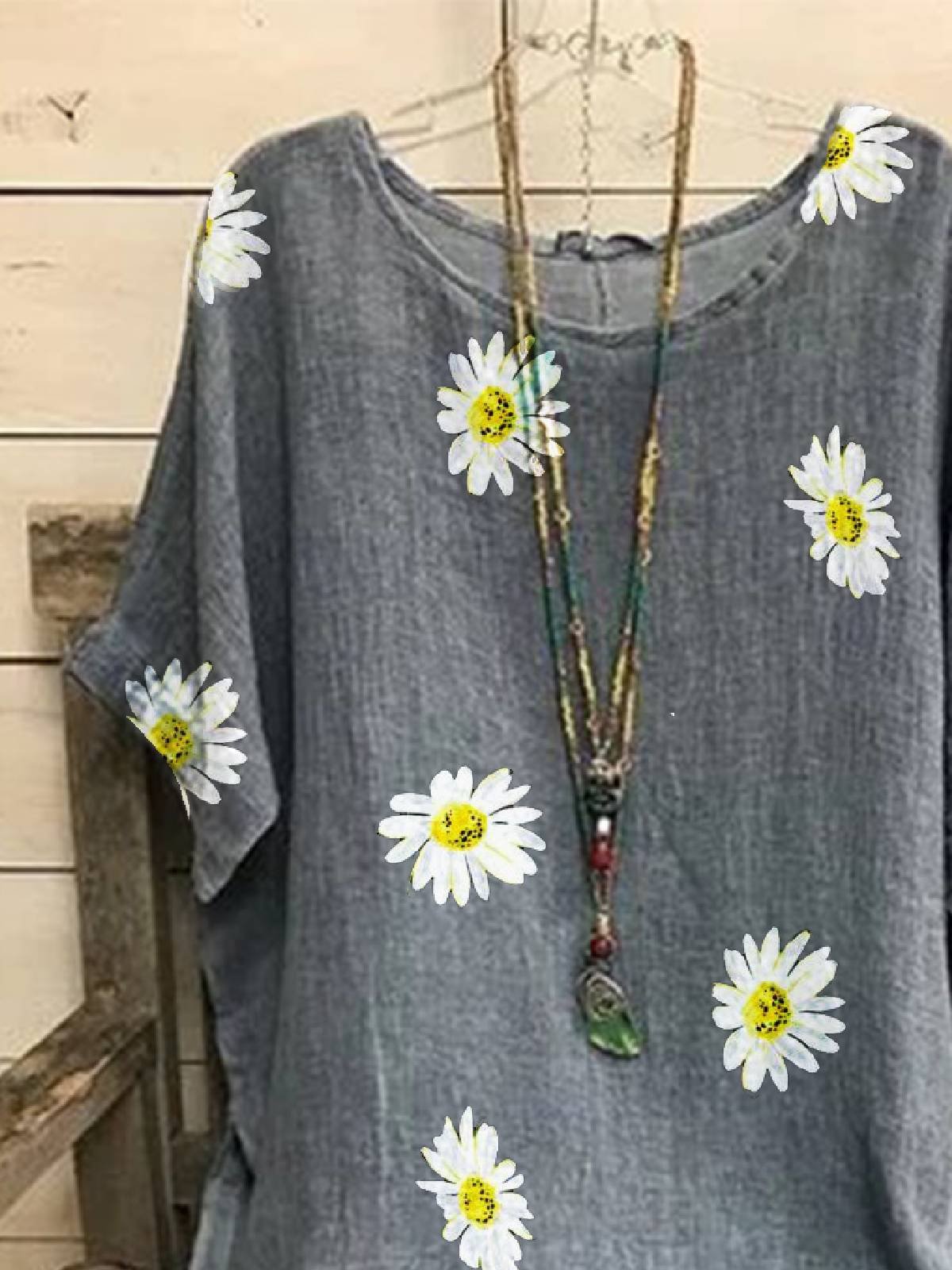 Floral Printed Casual Crew Neck Cotton-Blend Tops
