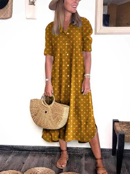 Casual Polka Dots Turn-Down Collar Buttoned Long Sleeve Dress
