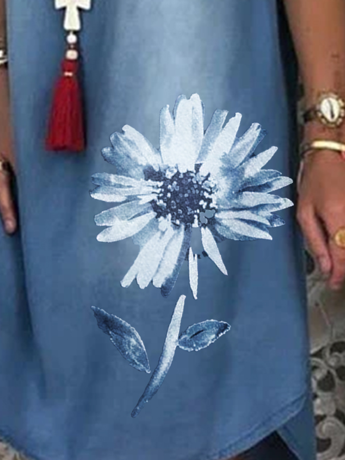 Vintage Casual Floral Printed V Neck Denim Dress