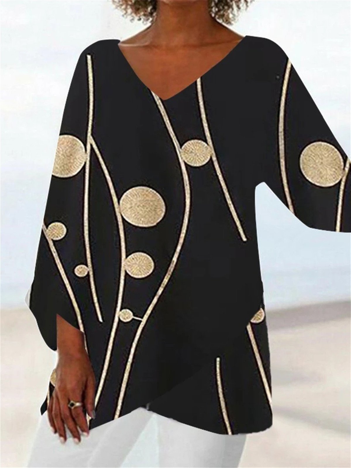 Black Crew Neck Polka Dots Top