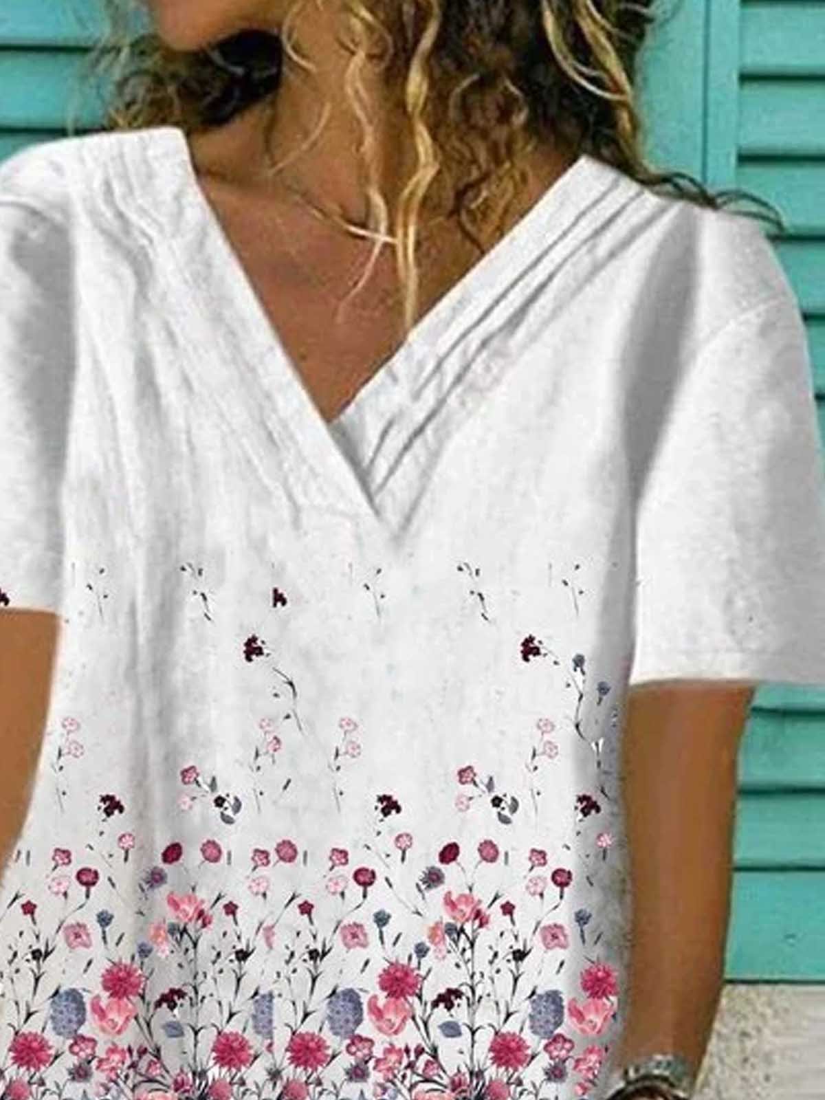 White V Neck Casual Short Sleeve Printed Tunic Top