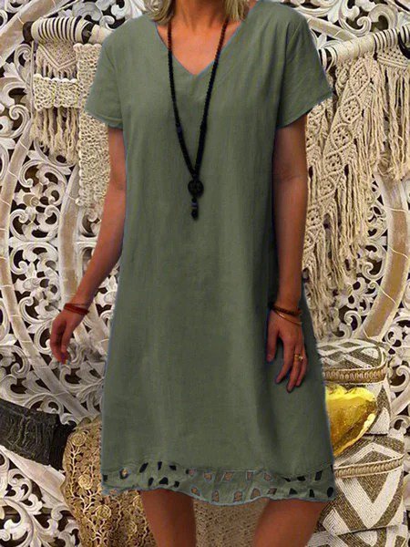 Hollow Cotton-Blend A-Line  V Neck Casual Short Sleeve Dress