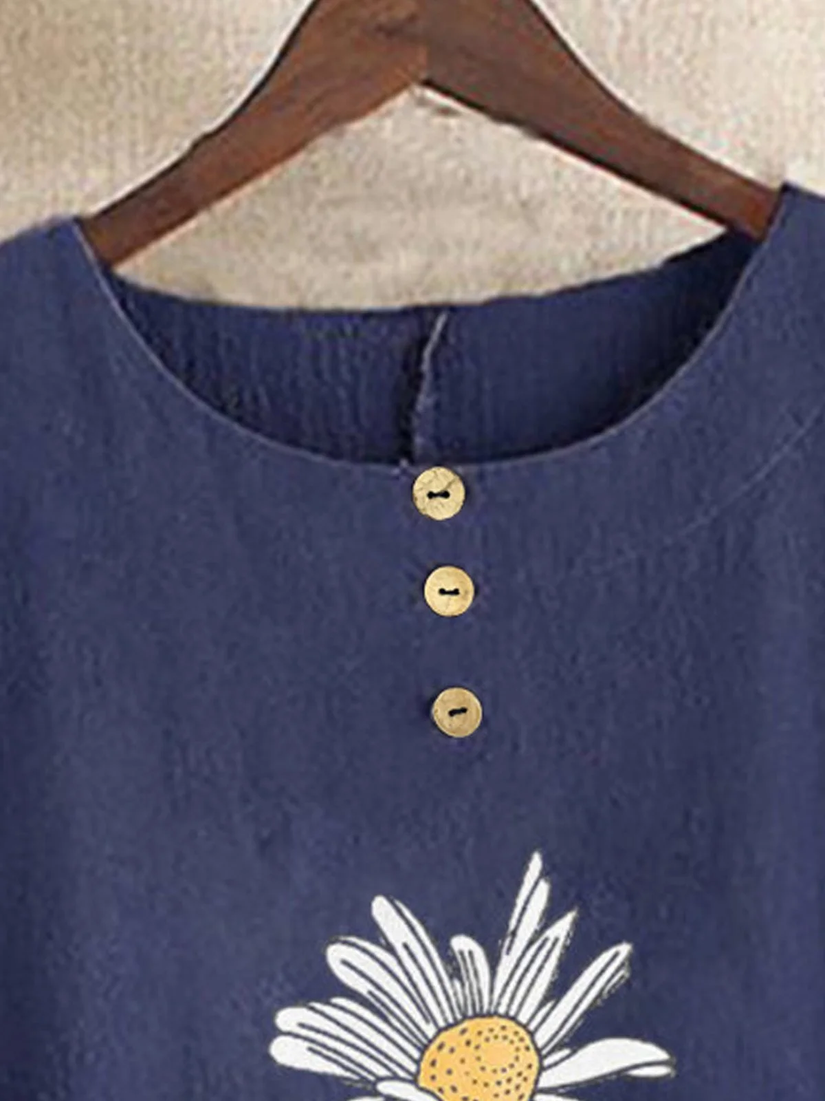 Blue Casual Floral-Print Round Neck T-shirt