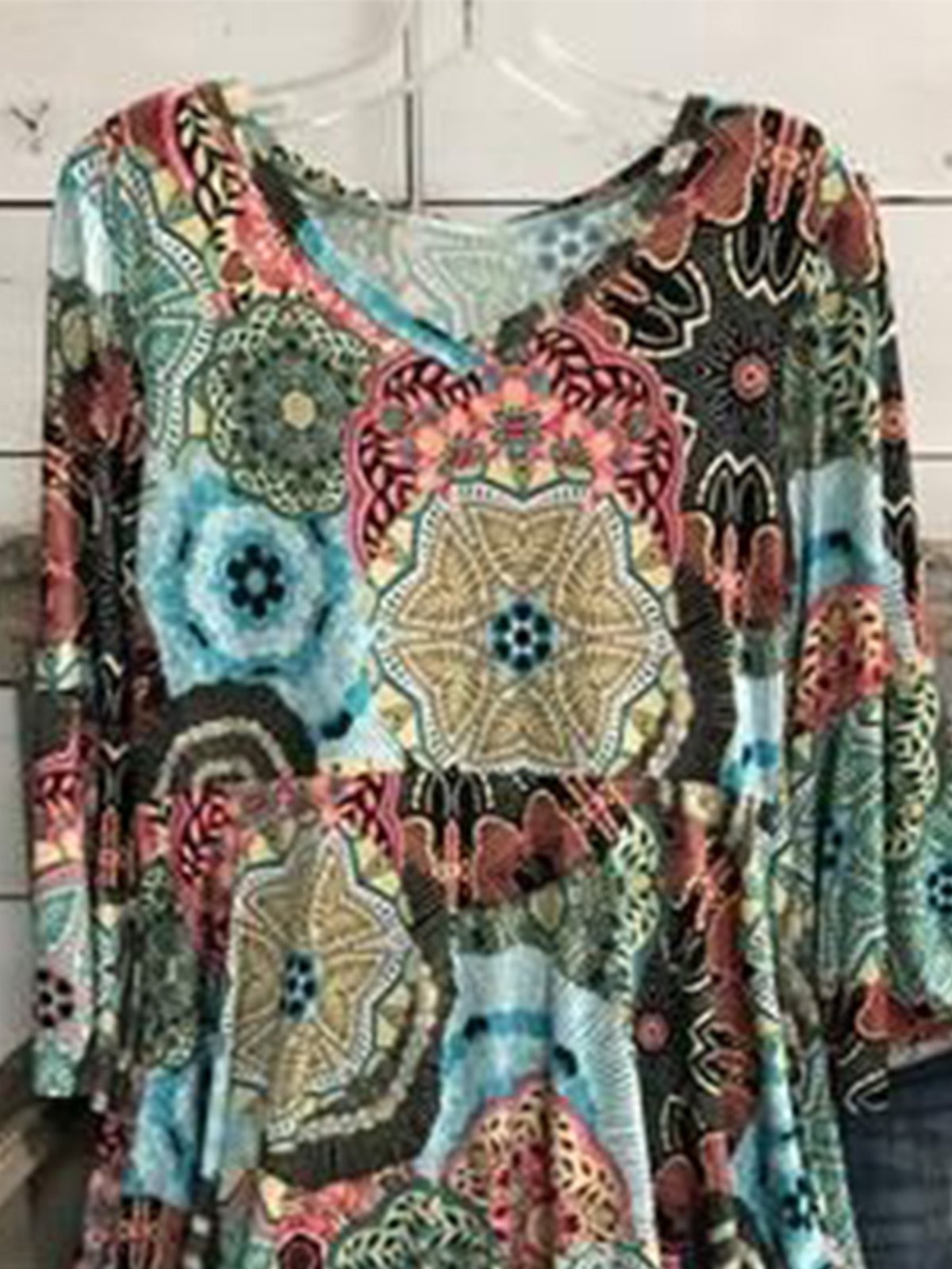 Vintage Long Sleeve V Neck Statement Geometric Printed Casual Tunic Top
