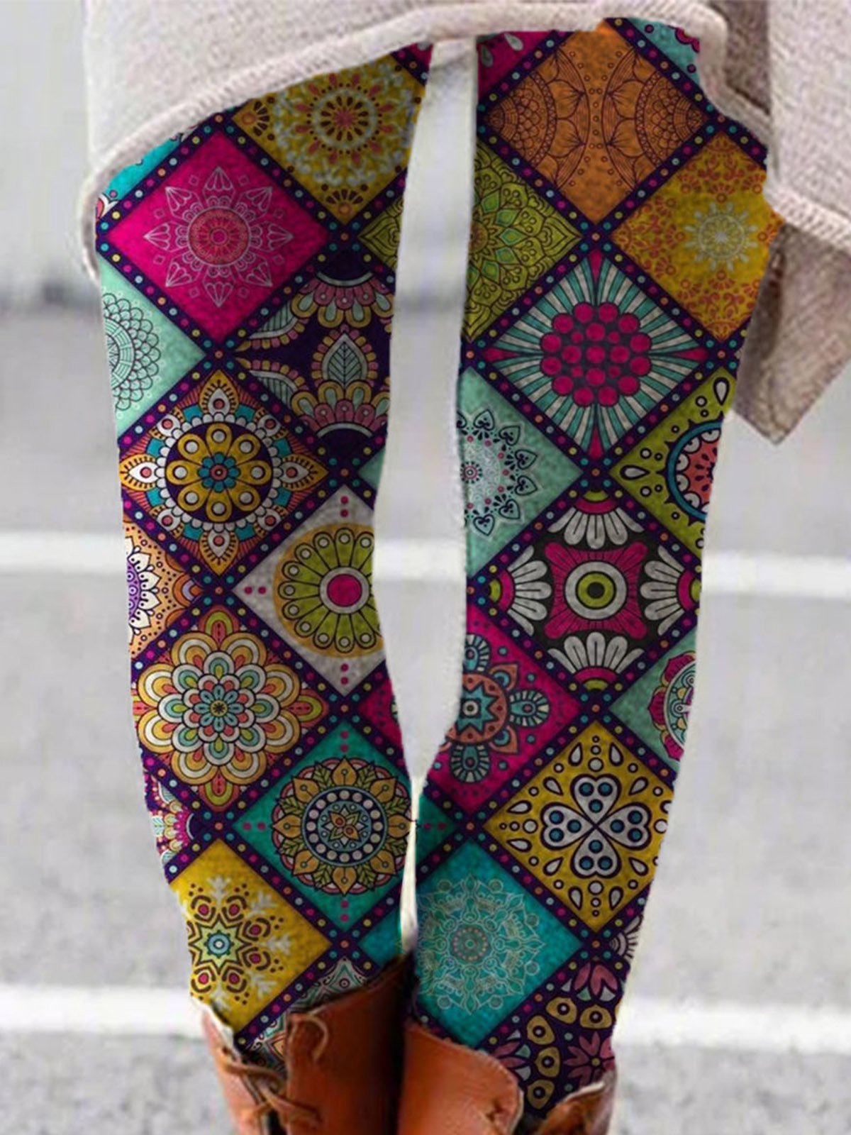 Geometric Pattern Flower Print Warm Legging