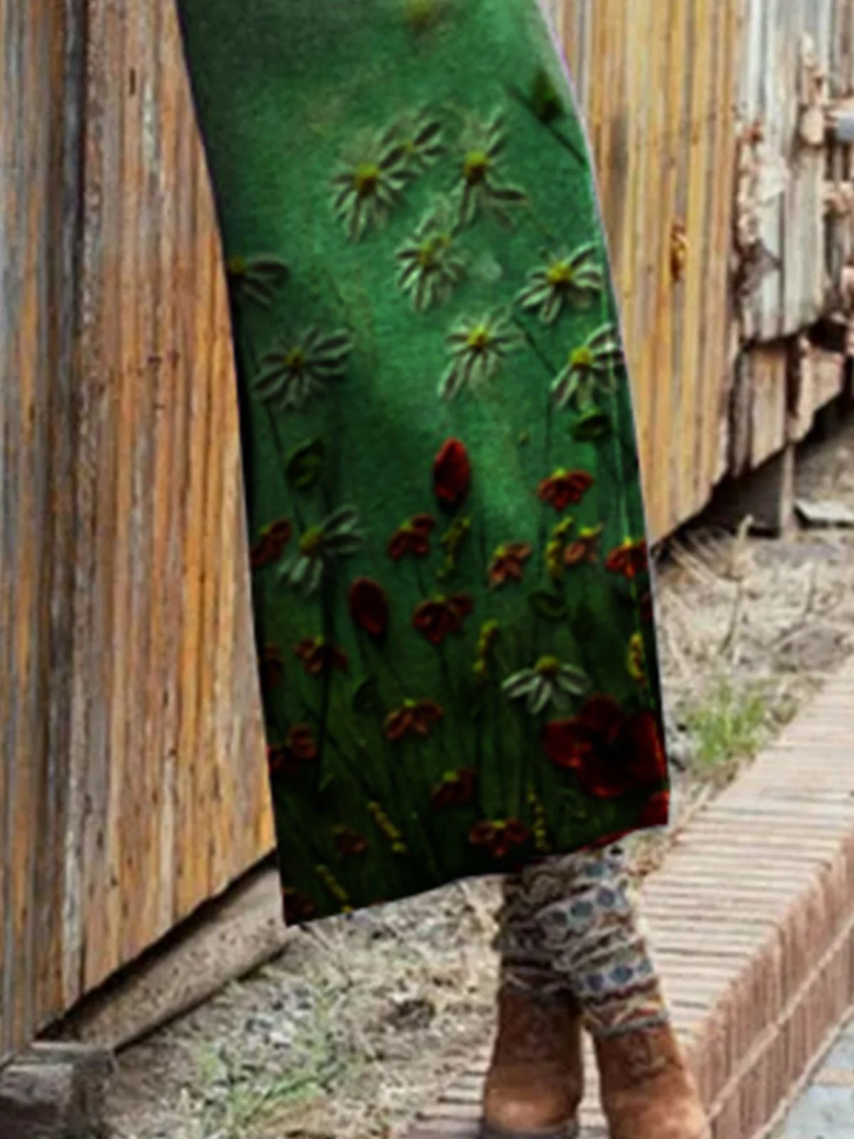 Floral-Print Vintage Crew Neck Cotton-Blend Knitting Dress