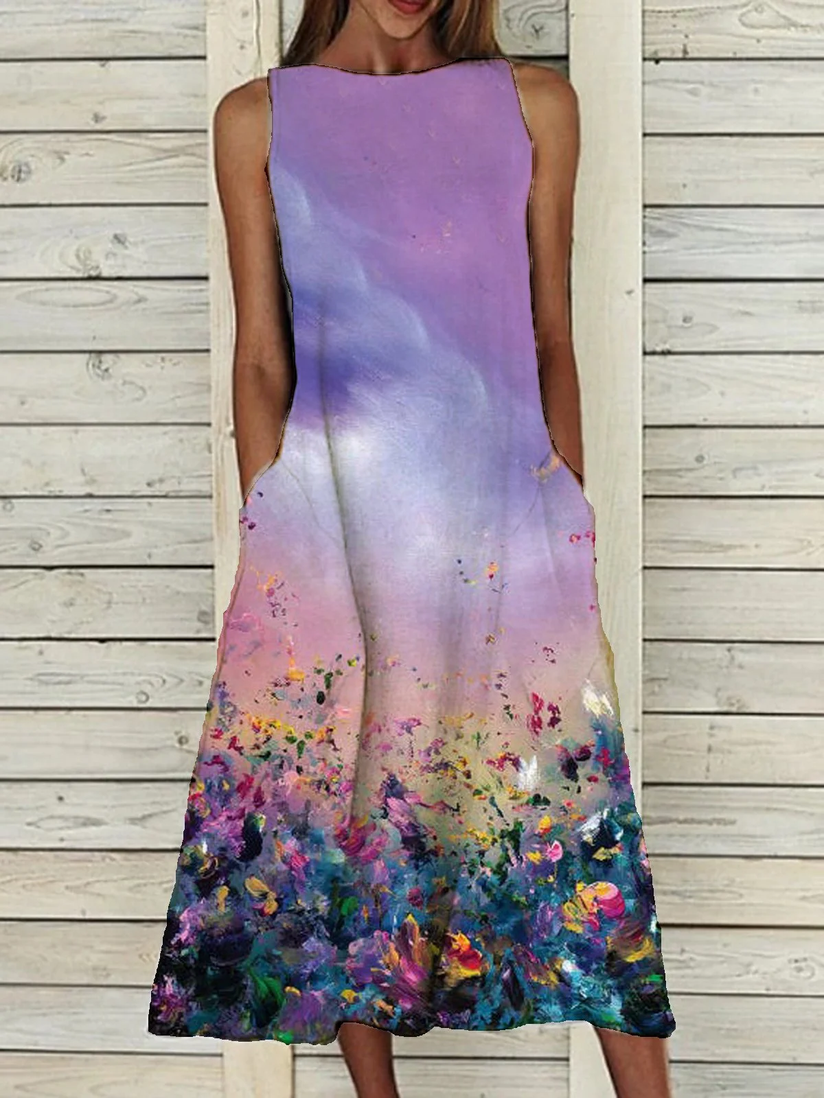 Floral Elegant Sleeveless A-Line Cotton-Blend Dress