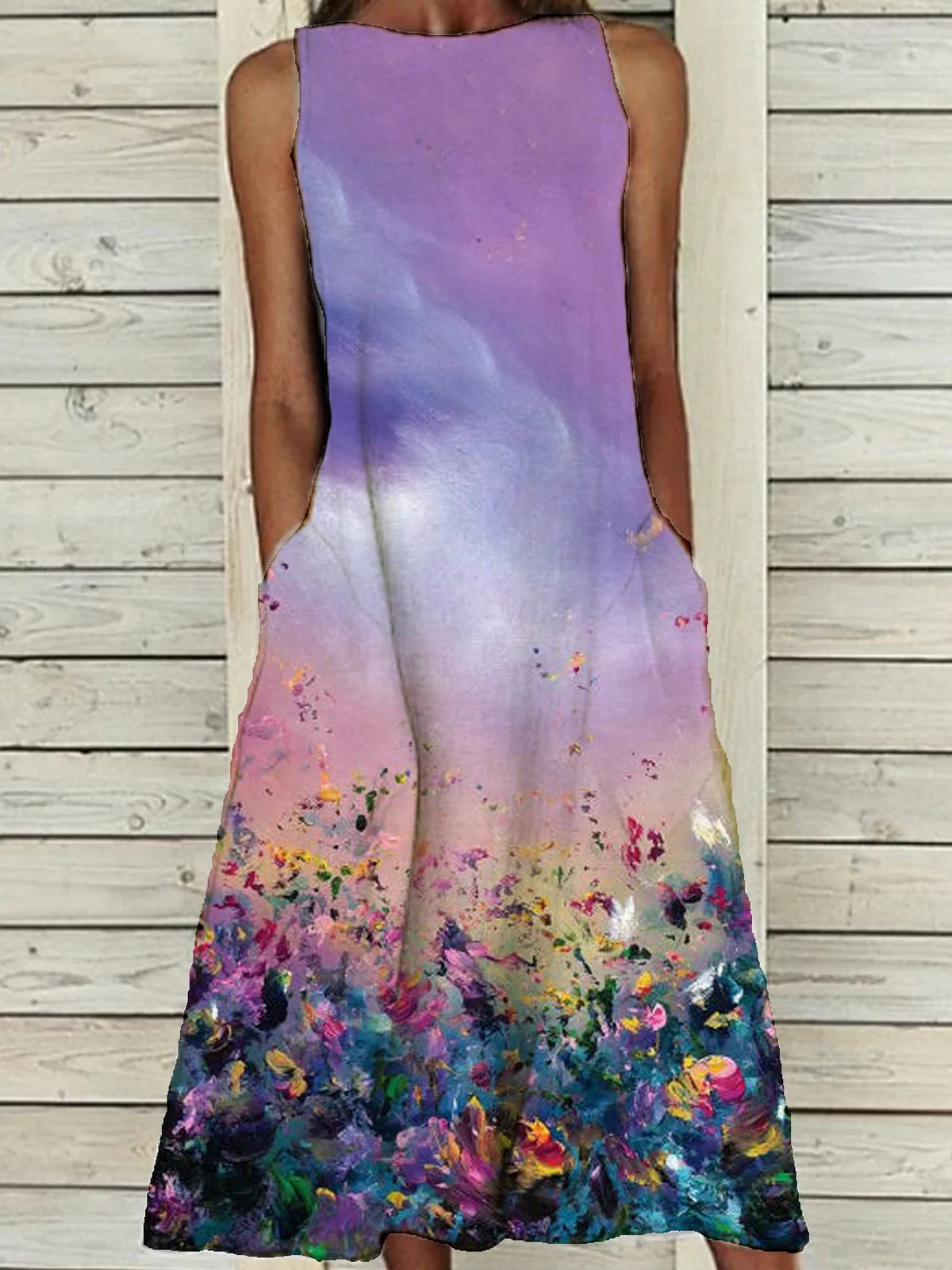 Floral Elegant Sleeveless A-Line Cotton-Blend Dress | noracora
