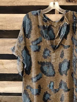 Short Sleeve V Neck Leopard Vintage Tops | noracora