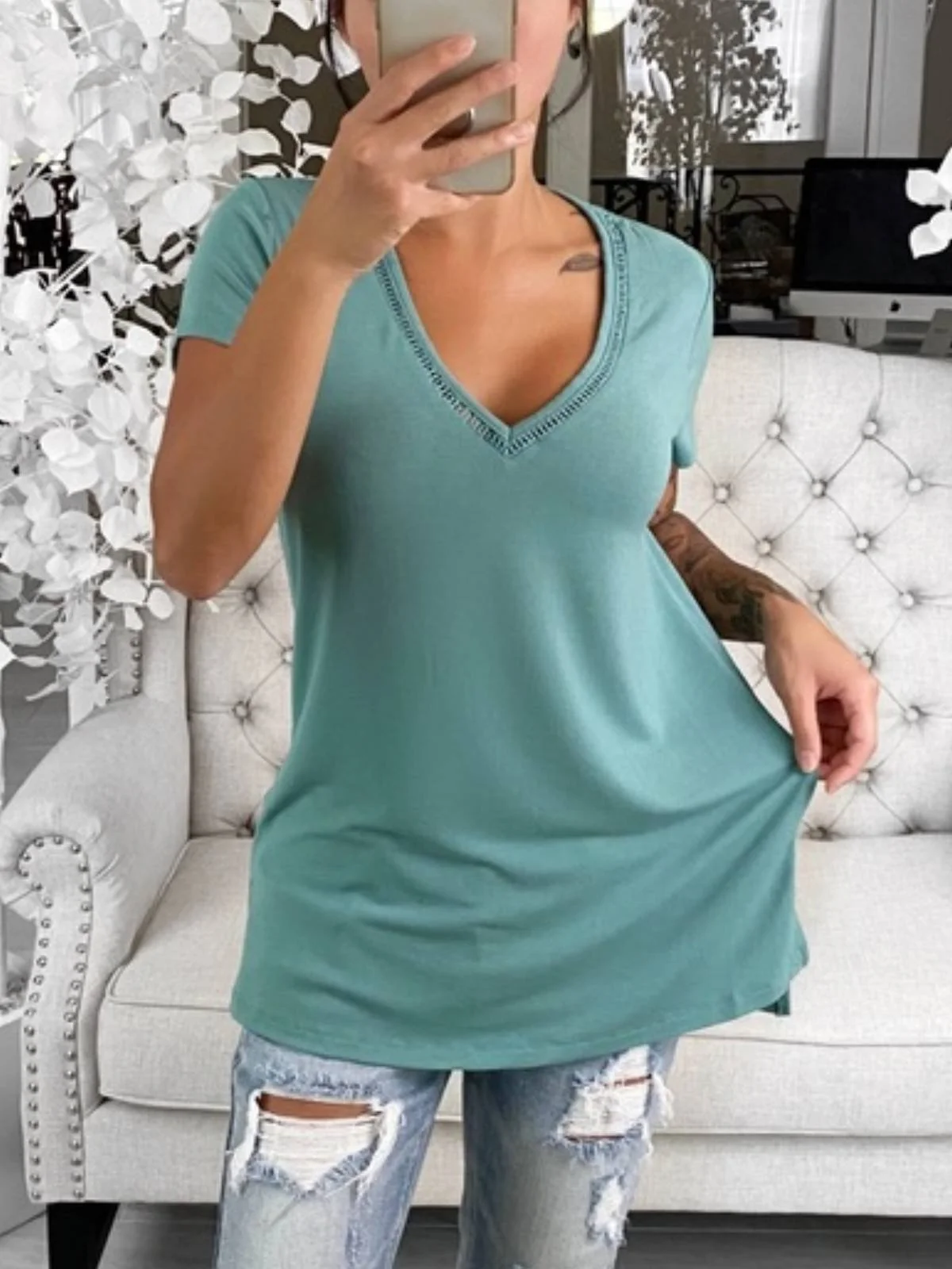 V Neck Short Sleeve Casual Solid Tops