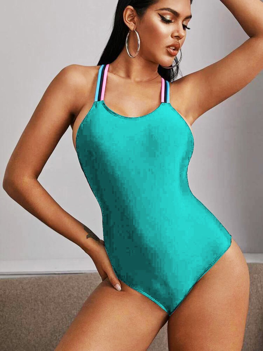 Solid Color Open Back Cross-strap One-piece Swimsuit