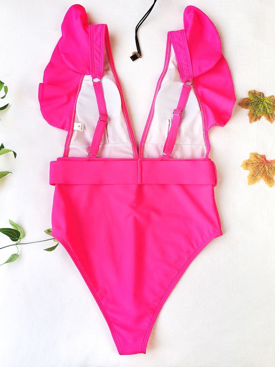 Sexy Solid Color Ruffled One Piece Swimsuit With Belt Noracora