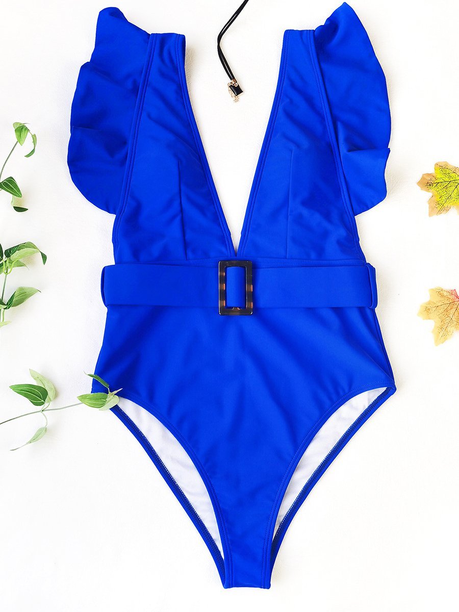 Sexy Solid Color Ruffled One Piece Swimsuit With Belt Noracora