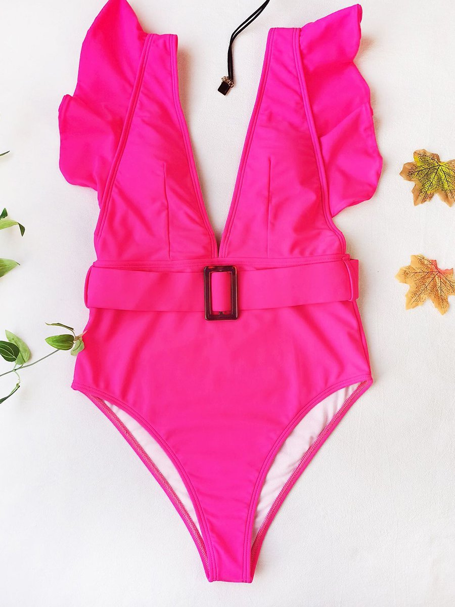 Sexy Solid Color Ruffled One Piece Swimsuit With Belt Noracora