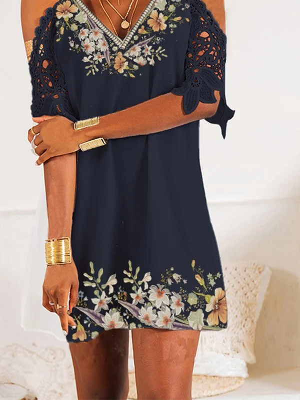 Off Shoulder Cold Shoulder Casual Short Sleeve Floral-Print Knitting Dress