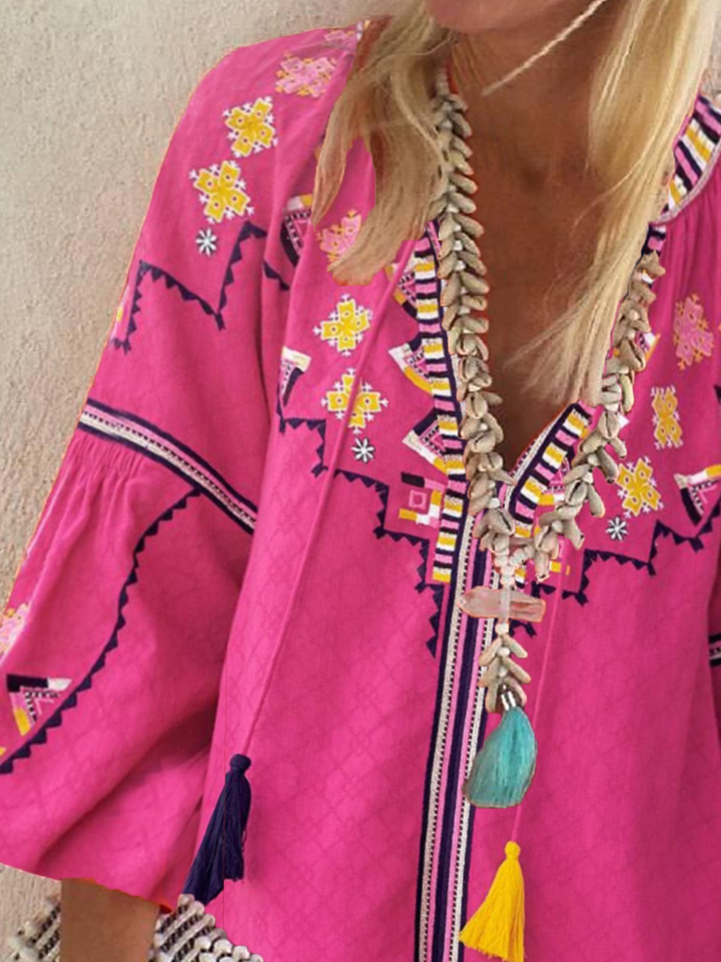 New Women Chic Vintage Hippie Boho Holiday V Neck Casual Dress