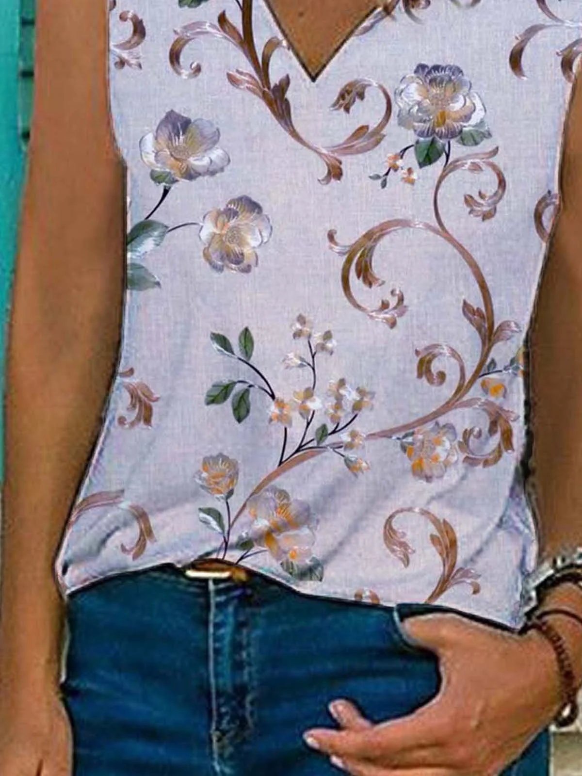 Floral  Sleeveless  Printed  Cotton-blend  V neck  Holiday Summer  White Top