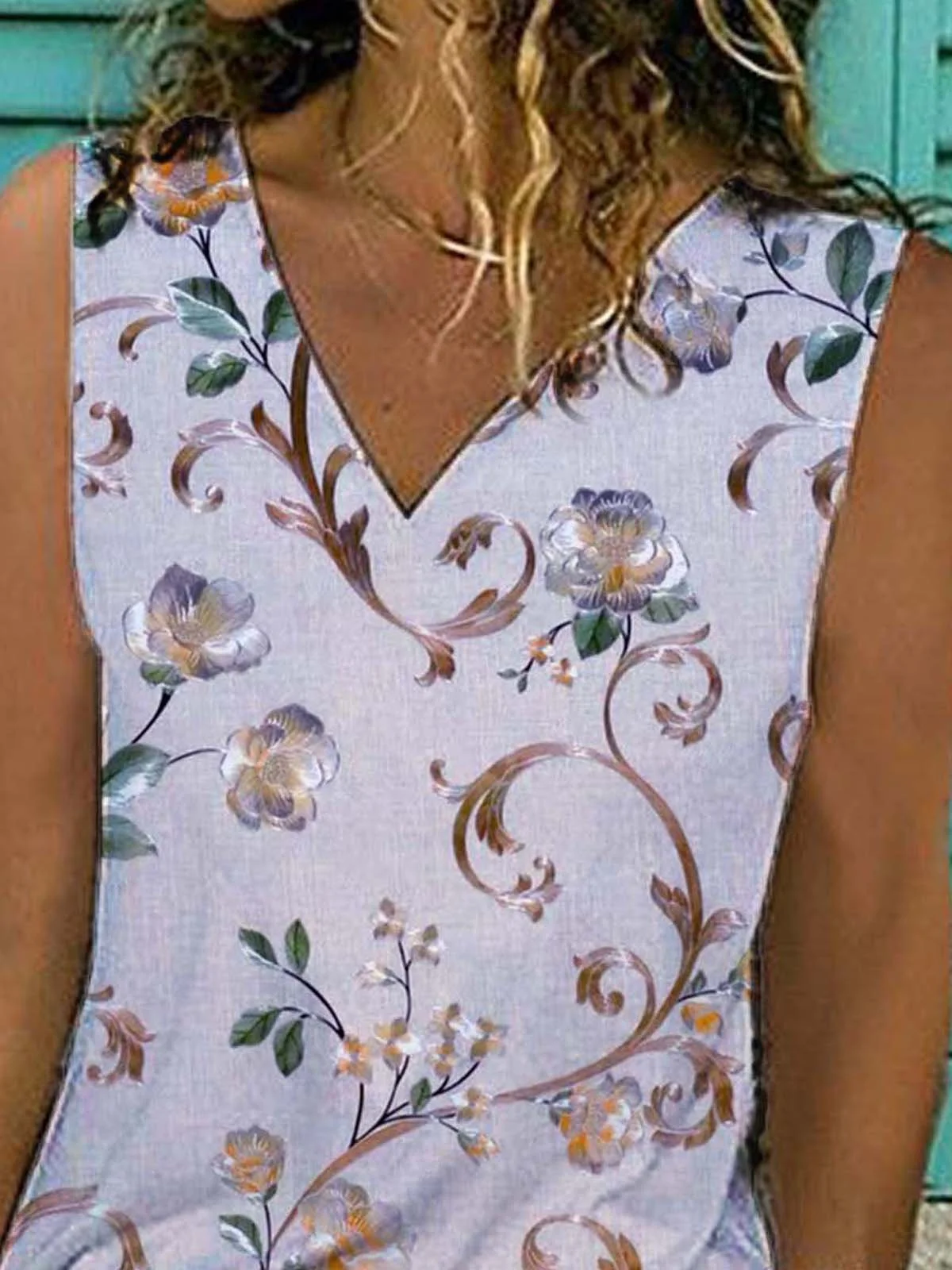 Floral  Sleeveless  Printed  Cotton-blend  V neck  Holiday Summer  White Top