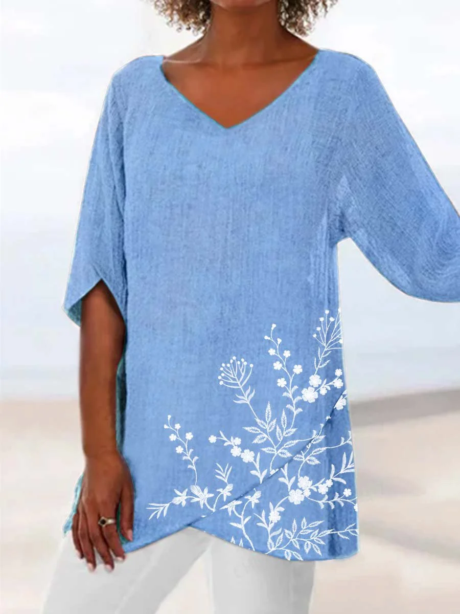 Floral Short Sleeve Printed Polyester V neck Vintage Summer Blue Top ...