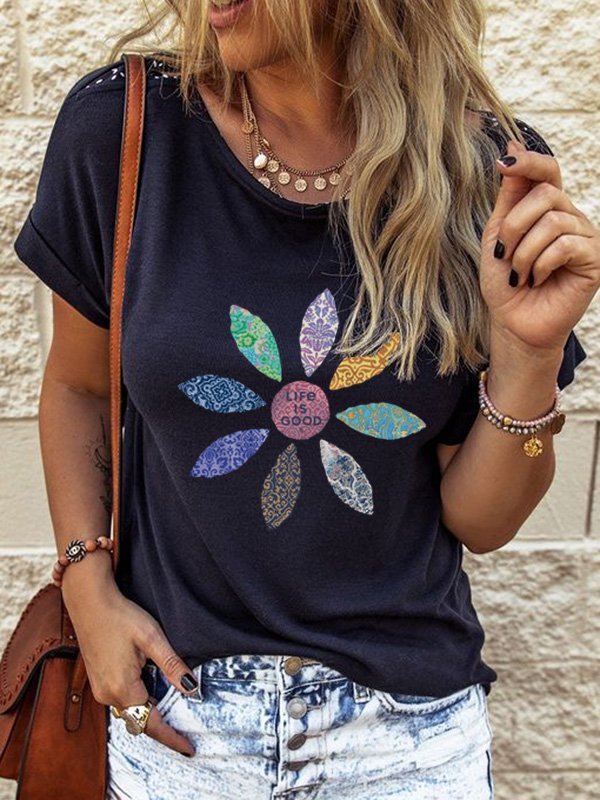 Floral-Print Short Sleeve Crew Neck Casual T-Shirt