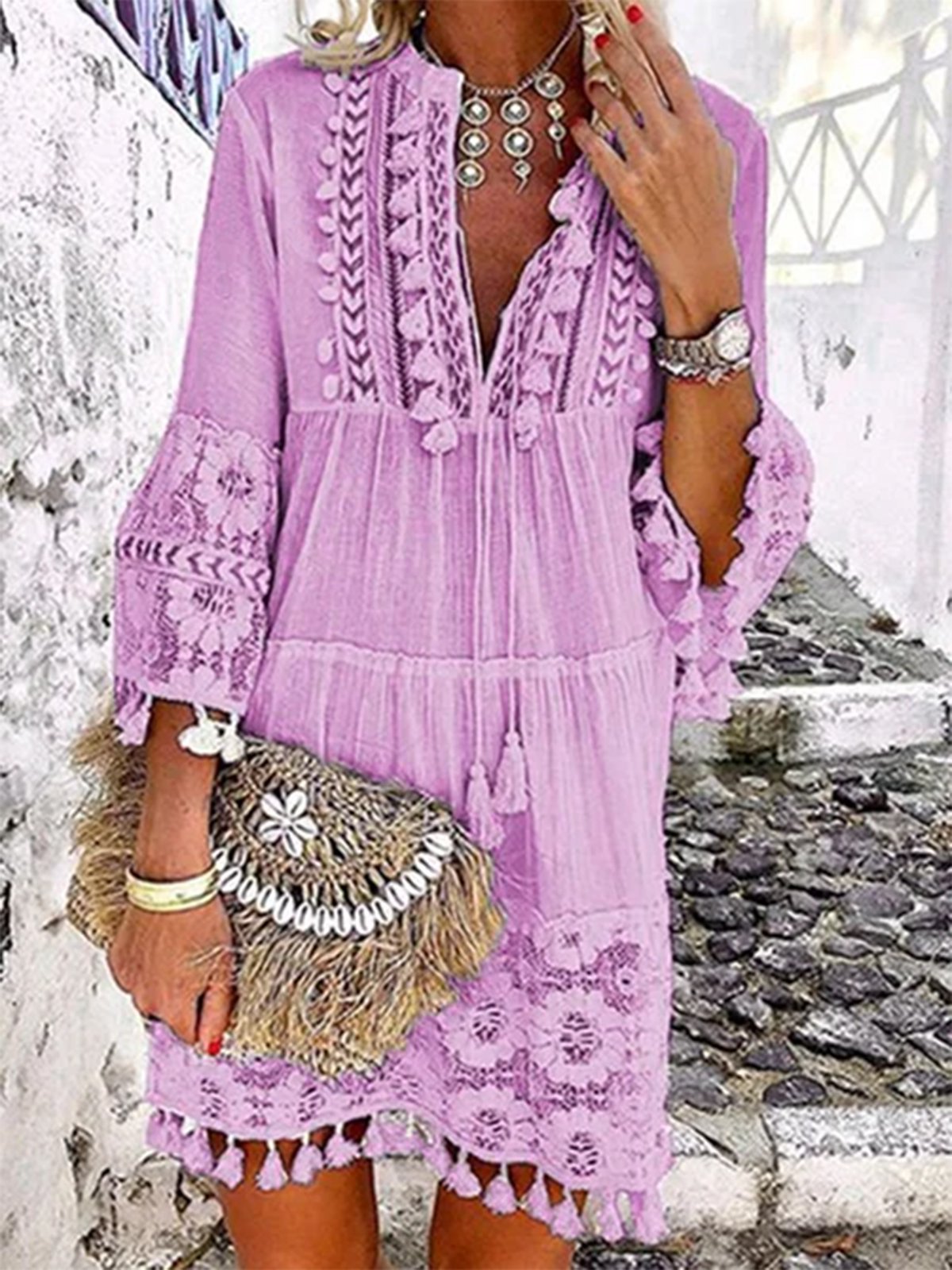 Causal 3/4 Sleeve V Neck Holiday Boho Dresses