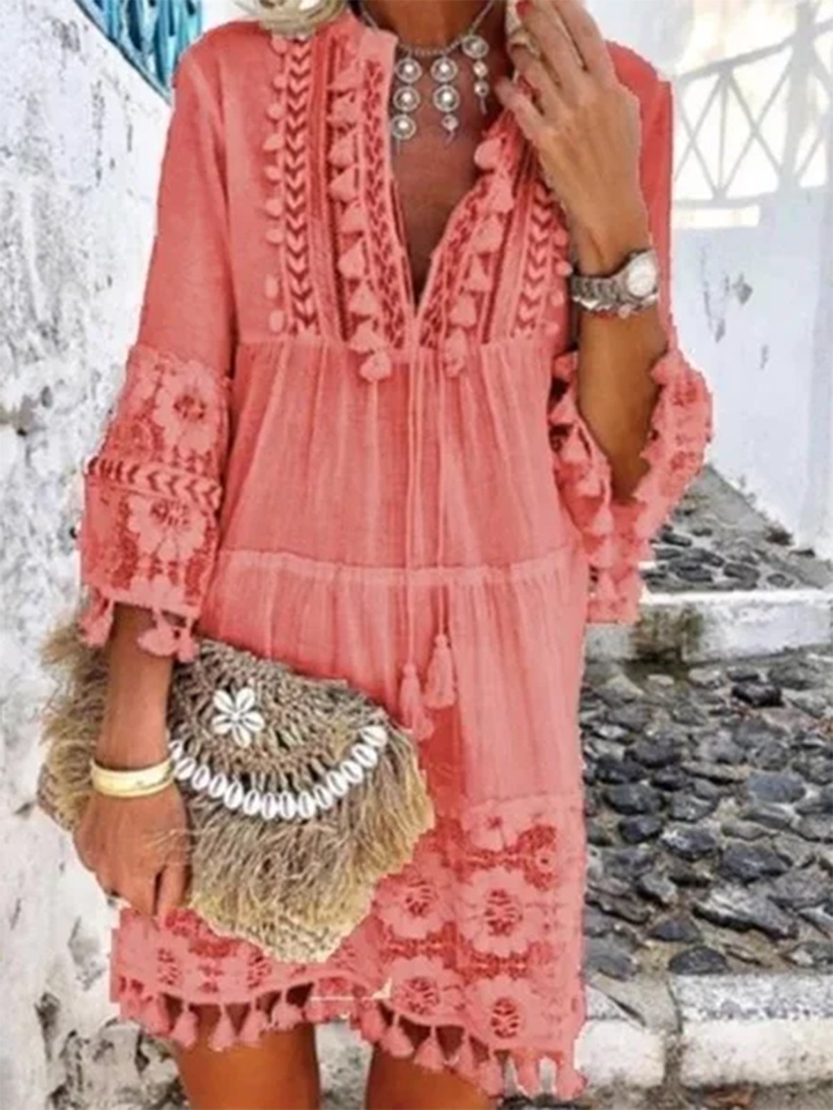 Causal 3/4 Sleeve V Neck Holiday Boho Dresses