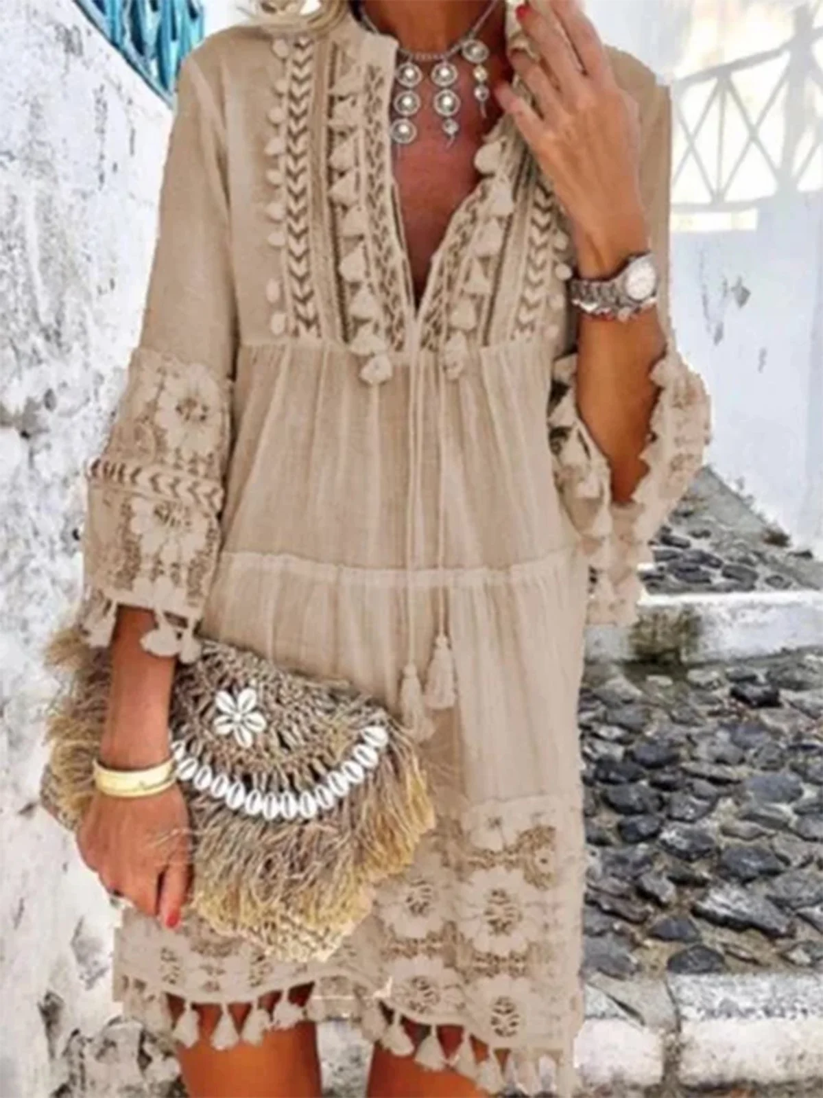 Causal 3/4 Sleeve V Neck Holiday Boho Dresses