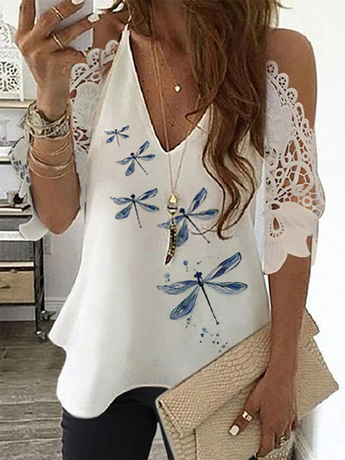 Dragonfly Casual V Neck Tunic Top