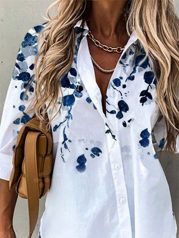 Long Sleeve Floral Printed Shirt Collar Casual Tunic Shirt