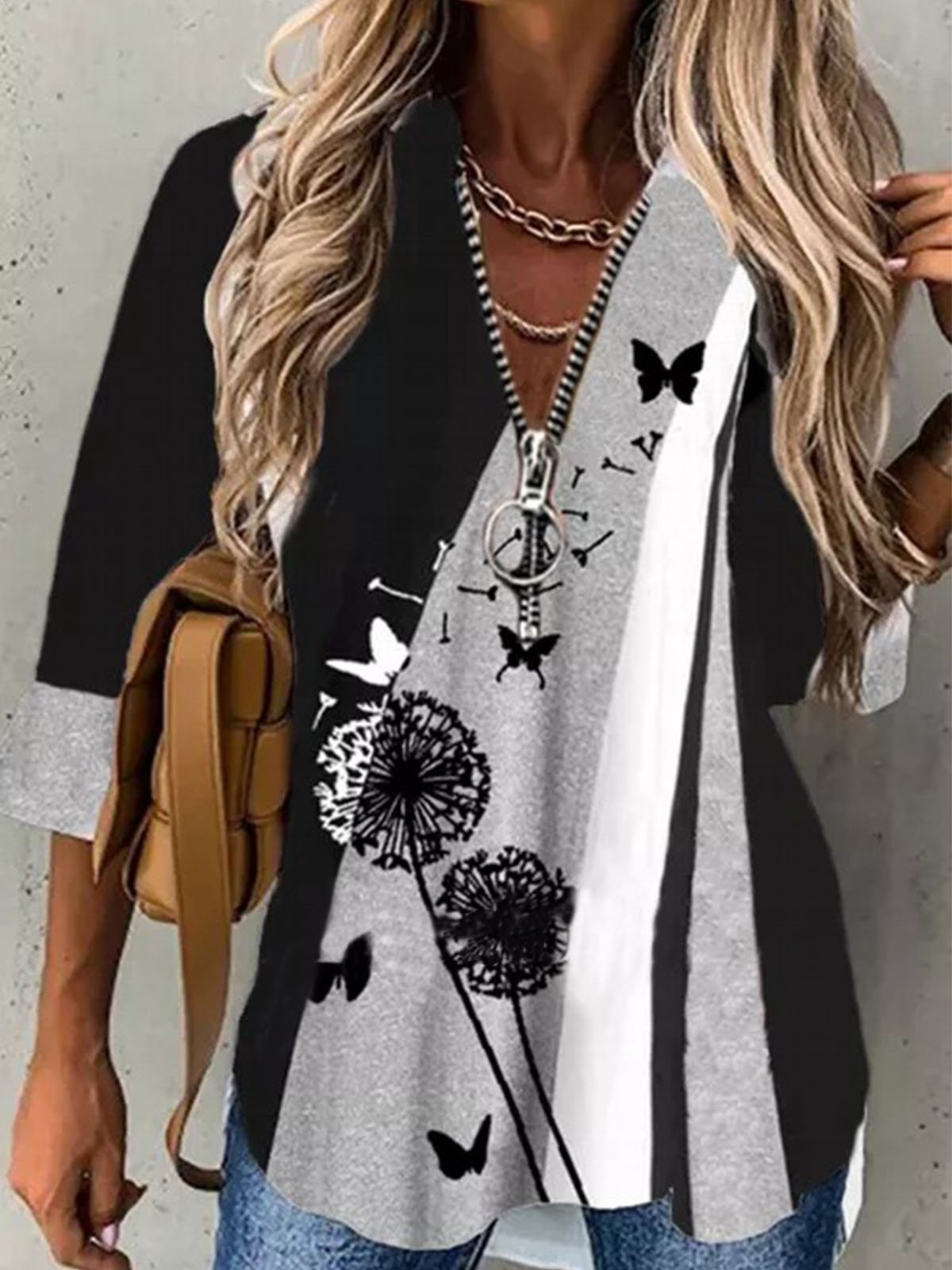 Long Sleeve Printed Casual V Neck Tunic Top