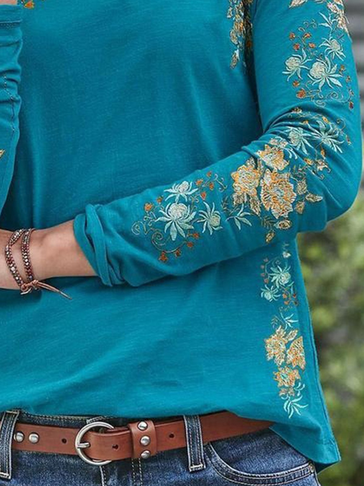 Vintage Floral Crew Neck Long Sleeve Casual Top