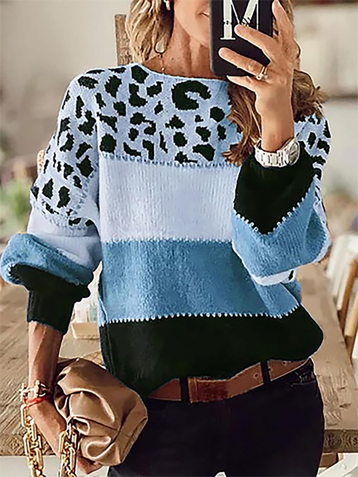 Crew Neck Leopard Long Sleeve Sweater